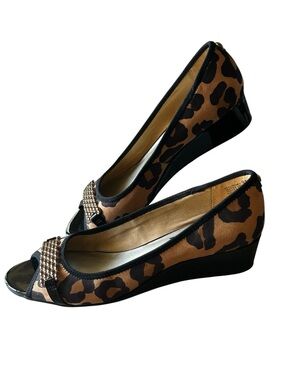 Anne Klein Leopard Print Peep-Toe Wedges - Brown & Black NEW